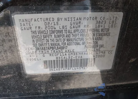 2015 Nissan Sentra Fe+ S/S/Sl/Sr/Sv z USA, uszkodzony, nr VIN 3N1AB7AP8FL645917